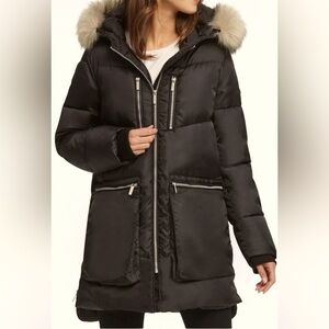 DKNY Black  women m’s TITA Parka Puffer Coat with Hood and Mid-Thigh Length